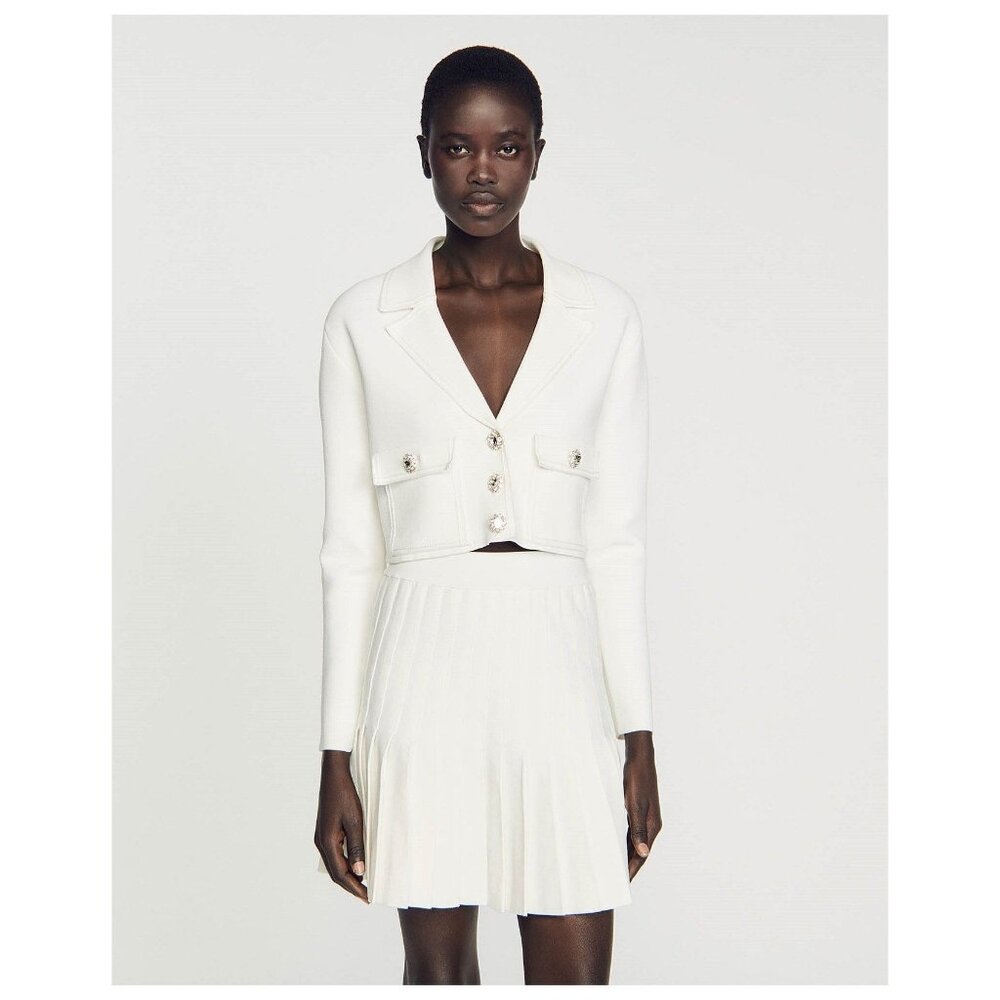 NWT $750 Sandro Ilna Cropped Coatigan & Pleated Knitted Skirt Set White Size 6